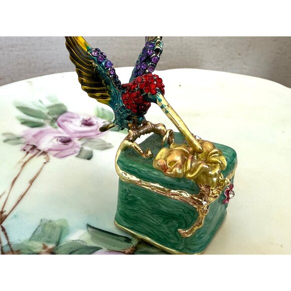 Vintage 90s Rhinestone Encrusted Hummingbird Ring Box Green Enamel - Picture 6 of 14